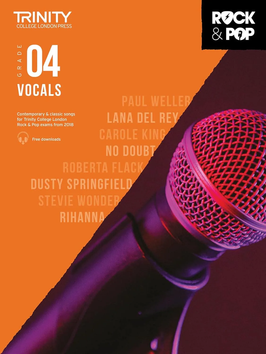 Cover of 'Trinity College London Grade 4 Vocals' songbook with a close-up of a red microphone.