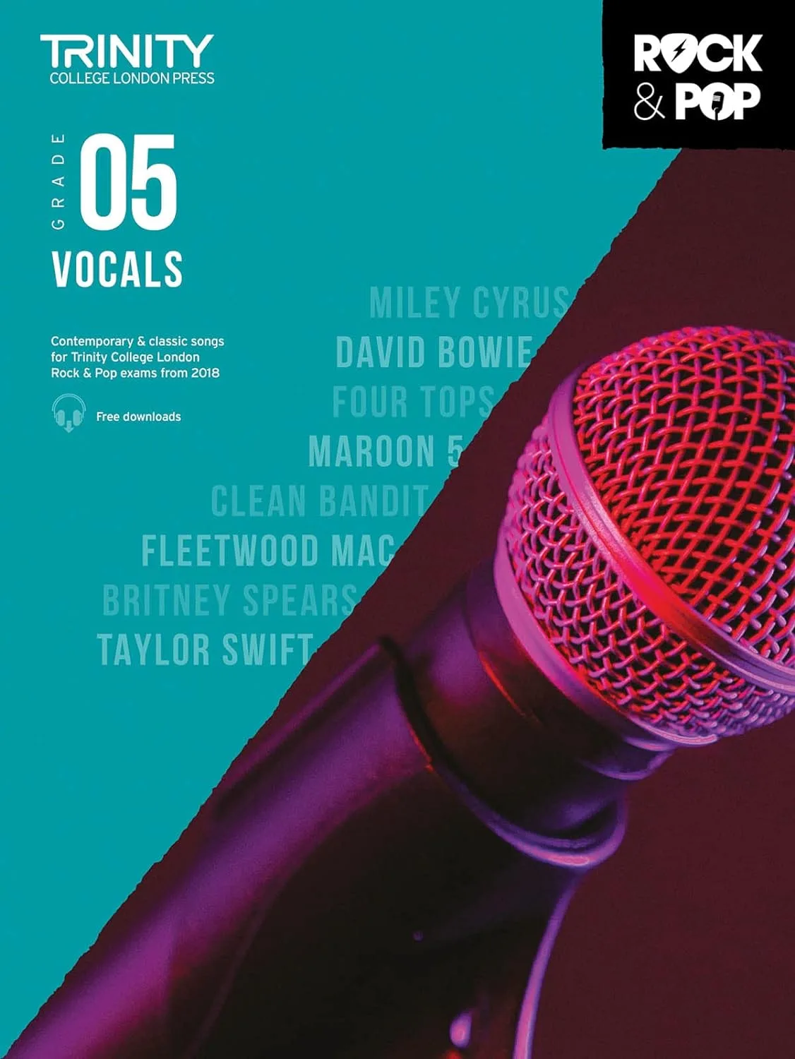 Cover of 'Trinity College London Grade 5 Vocals' songbook with a close-up of a red microphone.