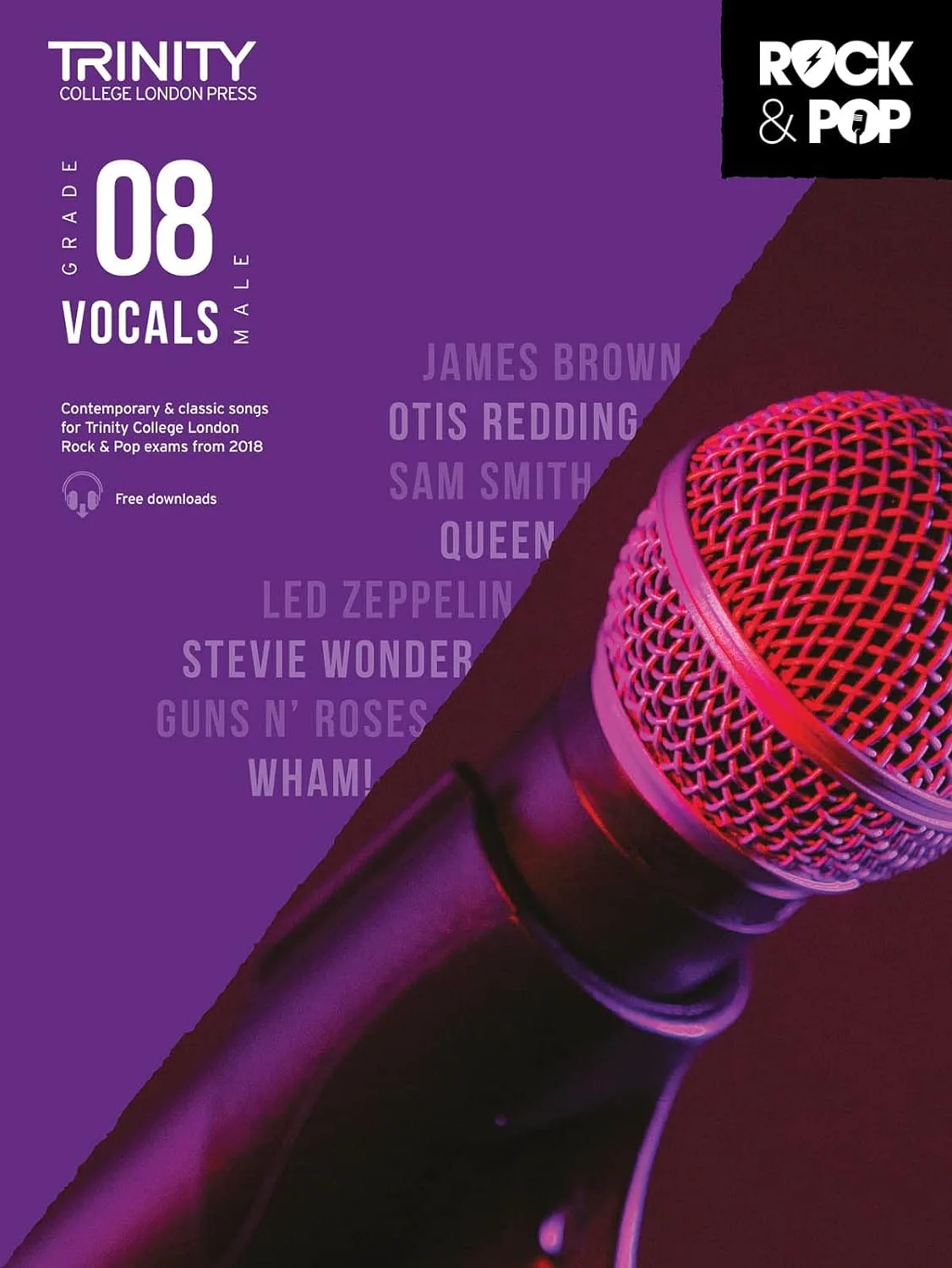 Cover of 'Trinity College London, Grade 08 Male Vocals' book with a microphone and artist names.