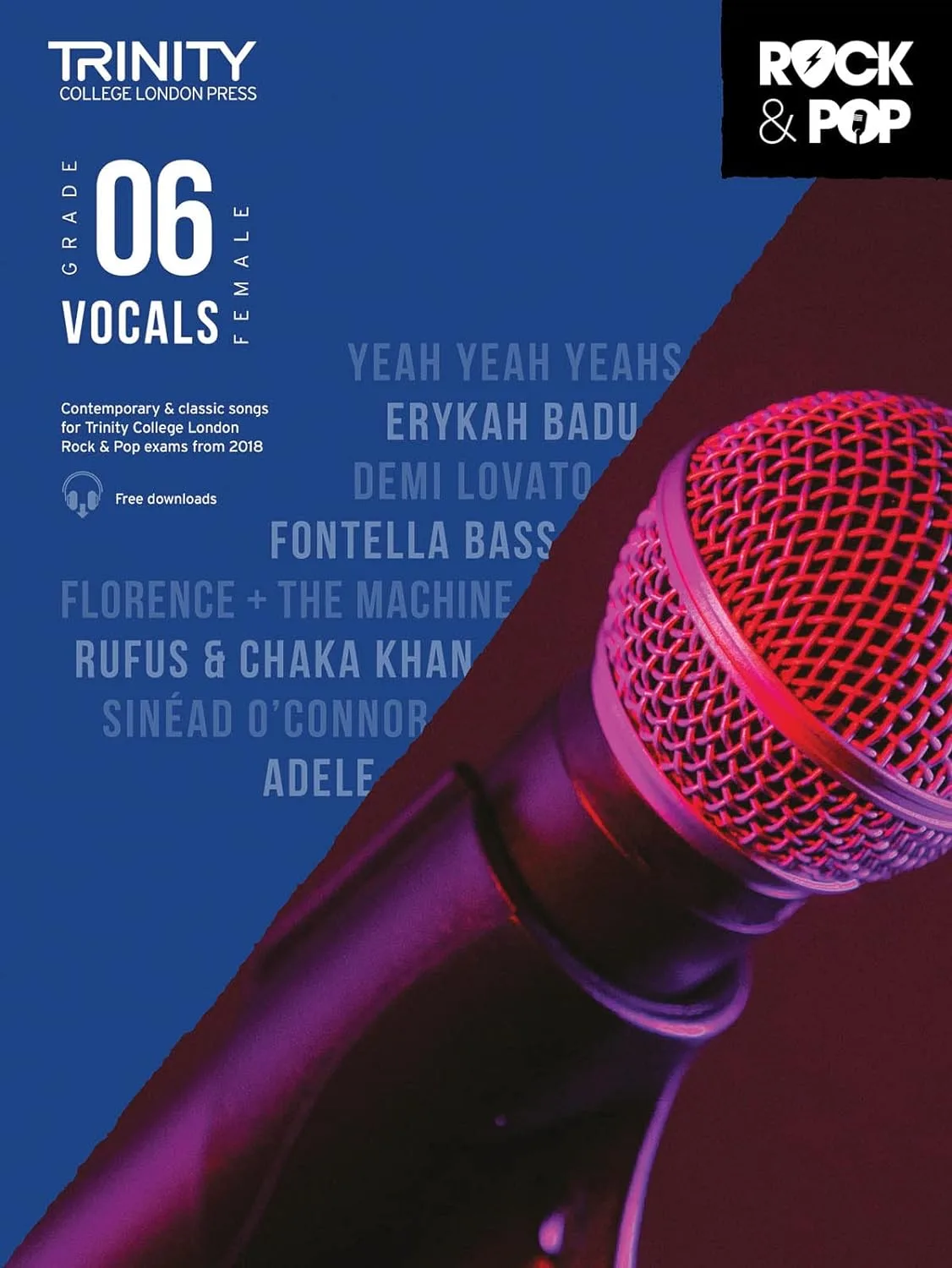 Cover of 'Trinity College London, Grade 06 Female Vocals' book with a microphone and artist names.