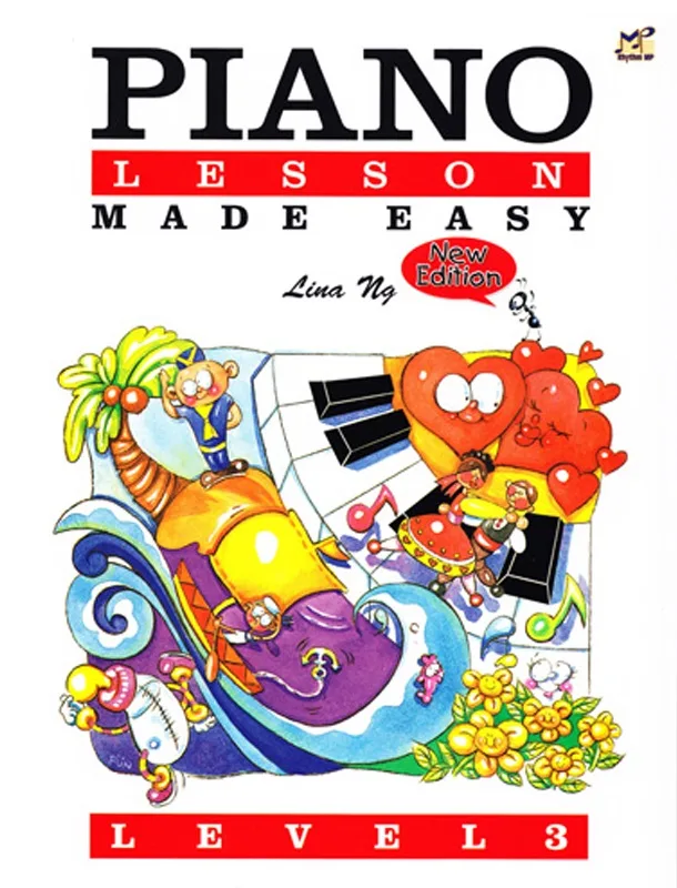 Piano lesson made easy level 3 cover with whimsical cartoon characters and a keyboard.