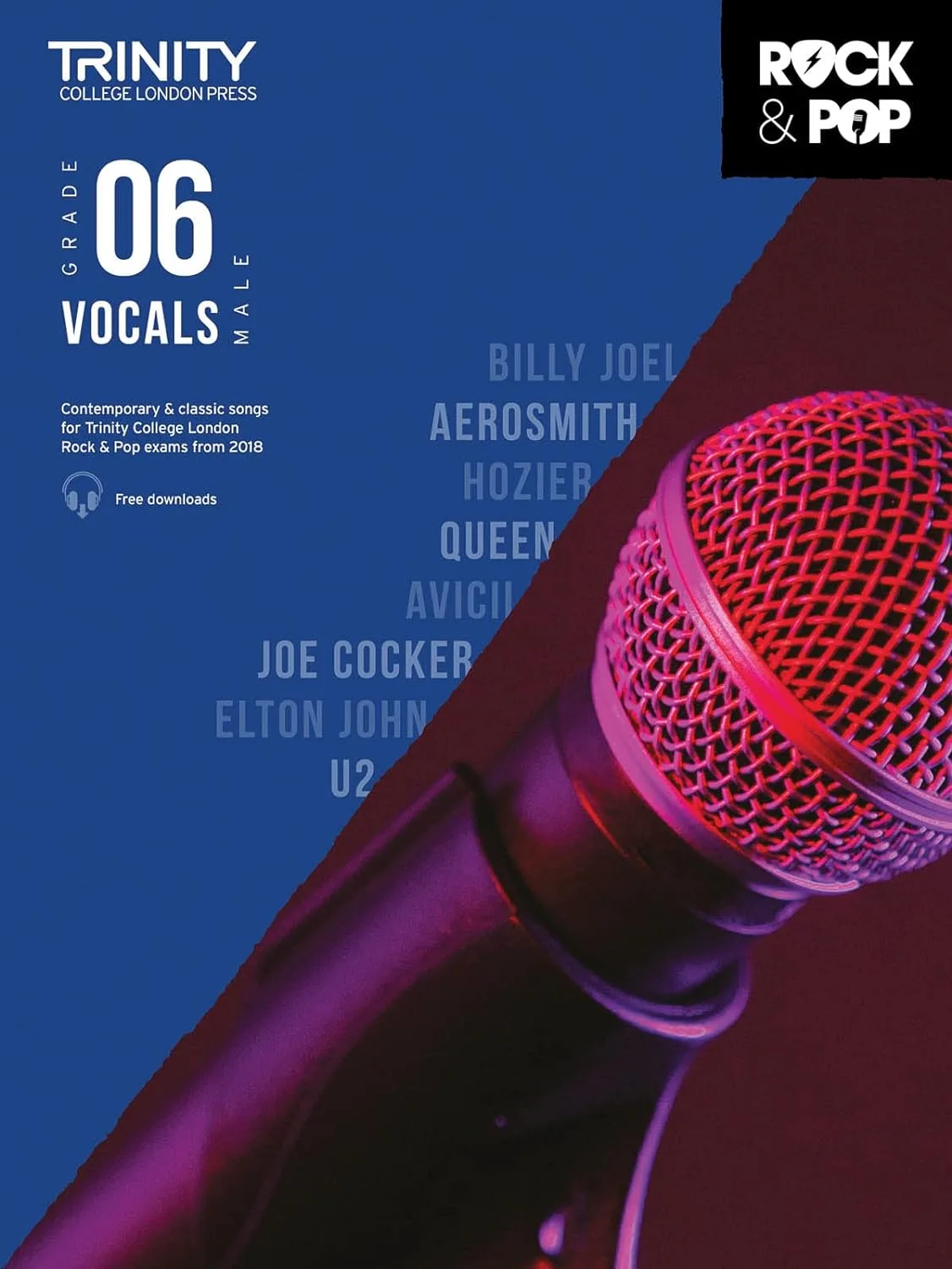 Cover of 'Trinity College London, Grade 06 Male Vocals' book with a microphone and artist names.