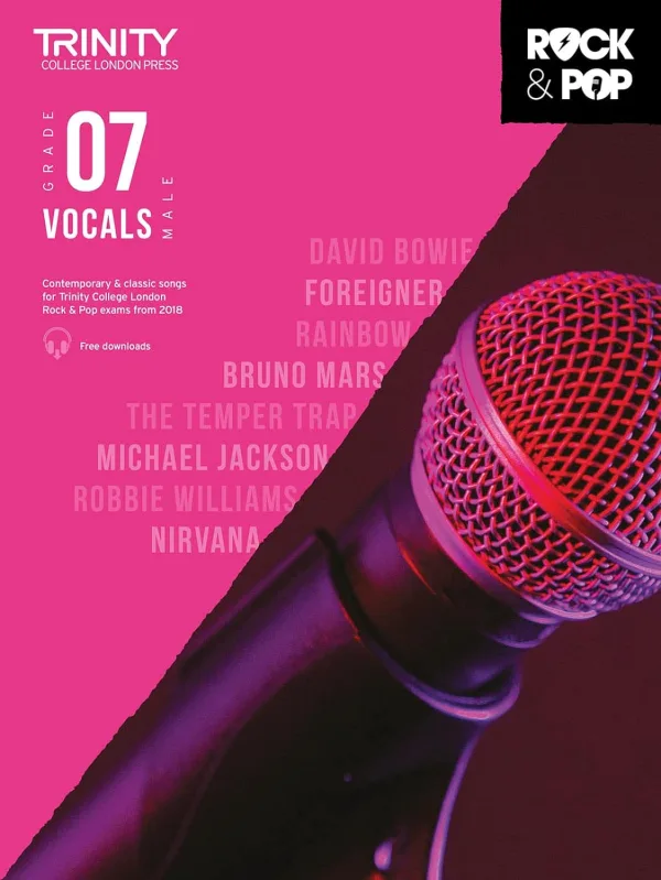 Cover of 'Trinity College London, Grade 07 Male Vocals' book with a microphone and artist names.