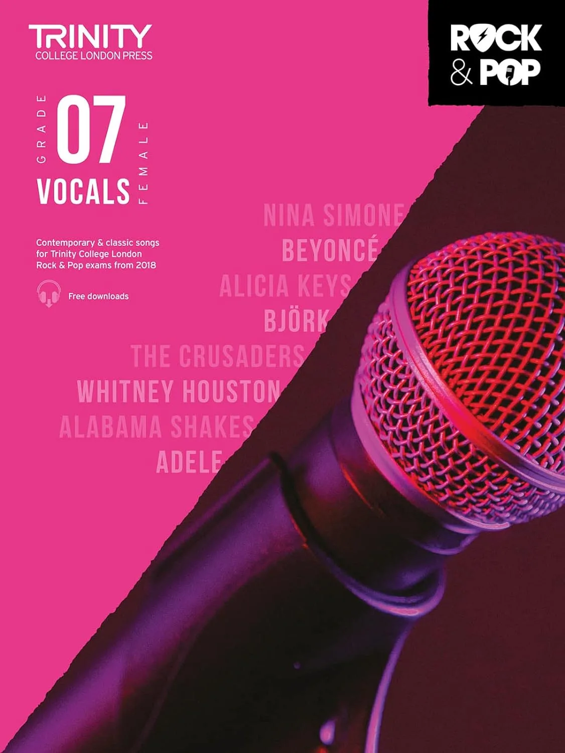 Cover of 'Trinity College London, Grade 07 Female Vocals' book with a microphone and artist names.