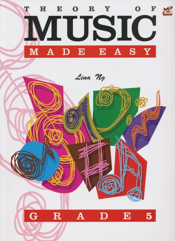 Cover of 'Theory of Music Made Easy Grade 5' with colorful abstract shapes and musical notes.