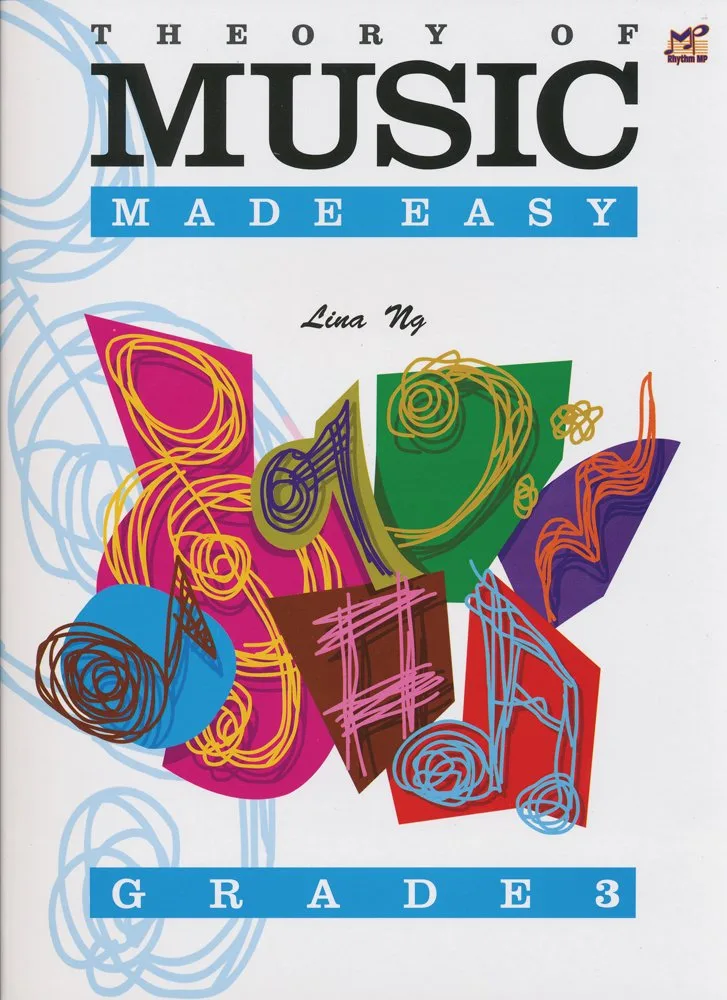 Cover of 'Theory of Music Made Easy Grade 3' with colorful abstract shapes and musical notes.