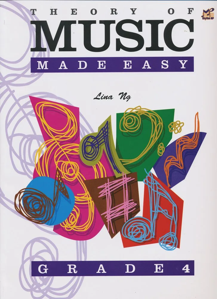 Cover of 'Theory of Music Made Easy Grade 4' with colorful abstract shapes and musical notes.