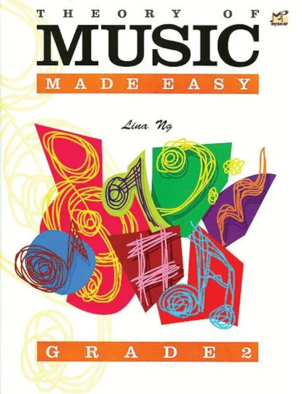 Cover of 'Theory of Music Made Easy Grade 2' with colorful abstract shapes and musical notes.