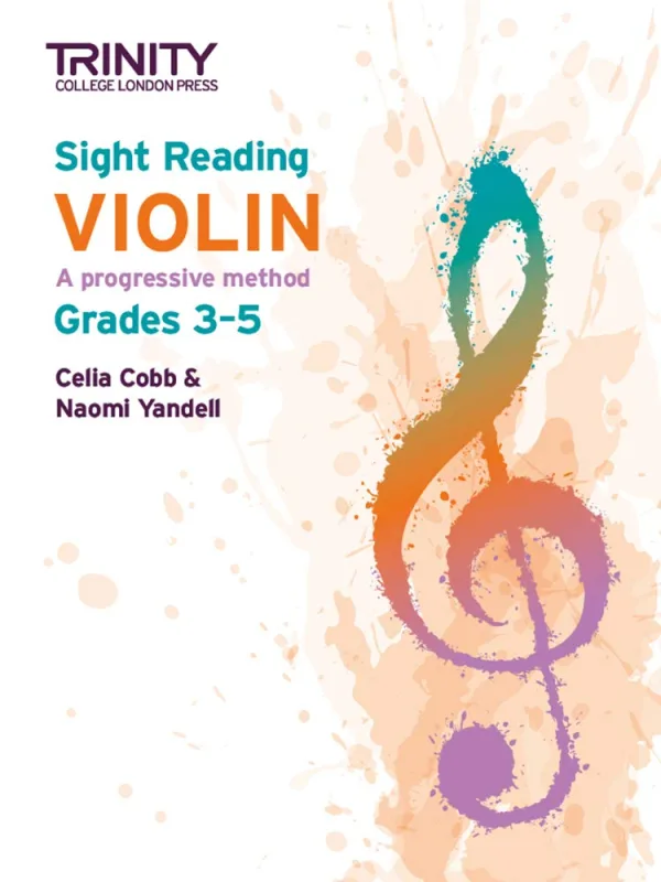 Cover of "Sight Reading Violin Grades 3-5" book by Trinity College London Press with a treble clef and paint splashes.