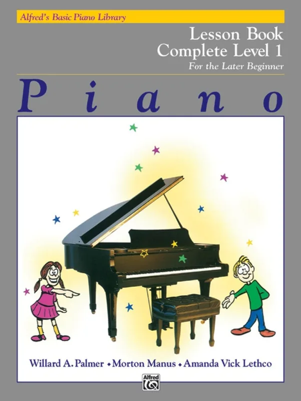 Book cover for "Piano Lesson Book Complete Level 1" featuring a piano and musical notes in a colorful design.