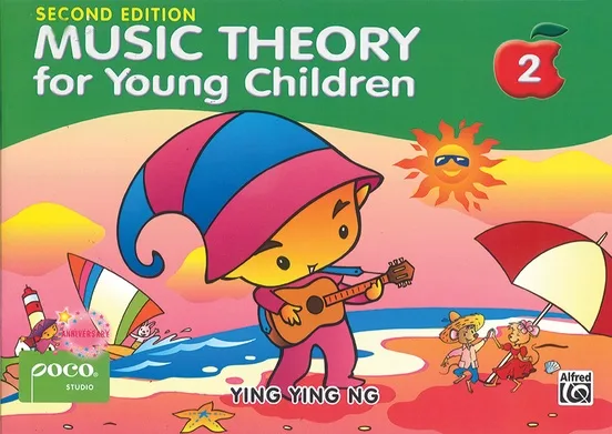 Cover of "Music Theory for Young Children Book 2" featuring a cartoon character playing guitar on a beach.