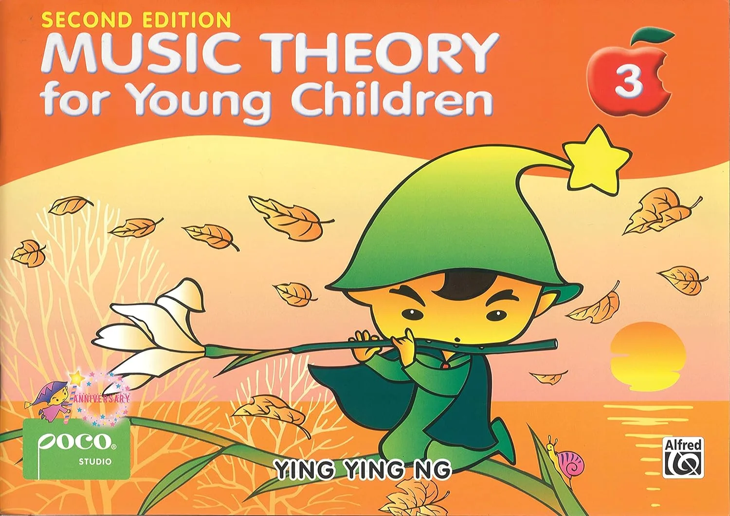 Cover of "Music Theory for Young Children 3," featuring a cartoon elf playing a flute with autumn leaves.