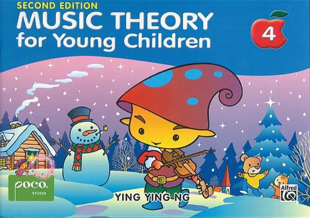 Cover of "Music Theory for Young Children 4" with a cartoon elf playing violin, snowman, and dancing animals.