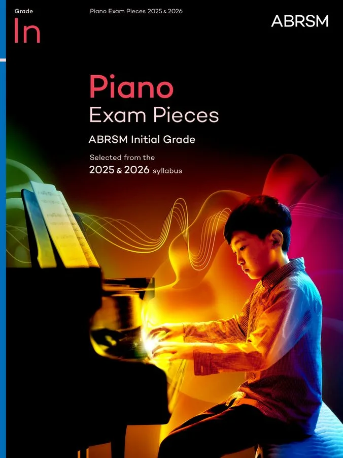 "Piano Exam Pieces Initial Grade" book cover, displaying a refined design with piano imagery, tailored for those preparing for piano exams.