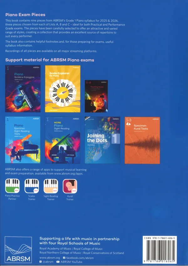 Back cover of a book titled "Piano Exam Pieces Grade 1," featuring a piano and sheet music design in a colorful layout