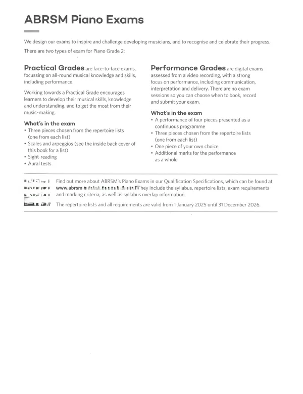 "Piano Exam Pieces Grade 2" book, displaying a piano and sheet music