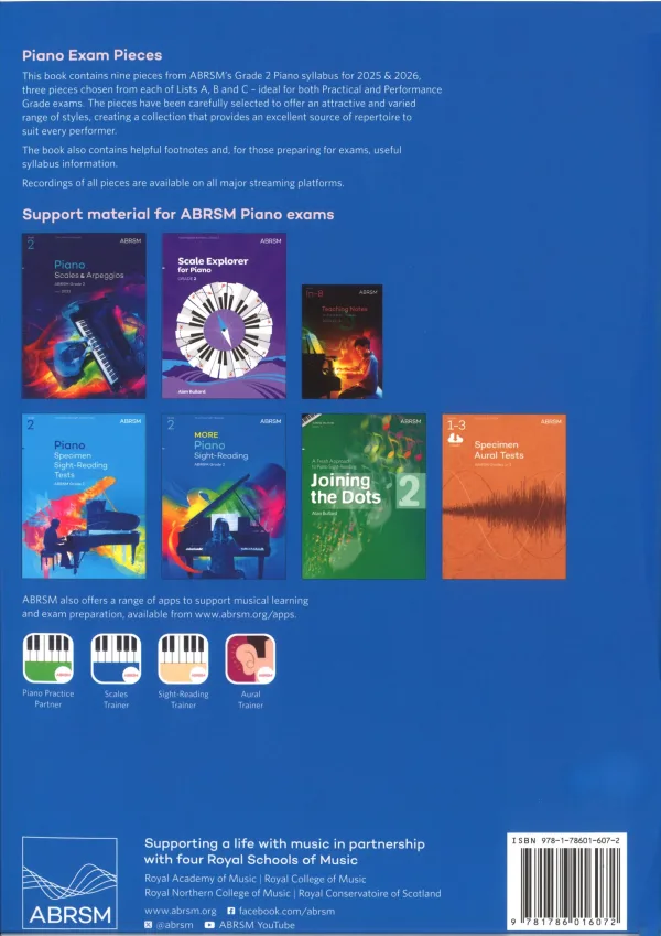 Back cover of book titled "Piano Exam Pieces Grade 2," featuring a piano and sheet music design in a colorful layout