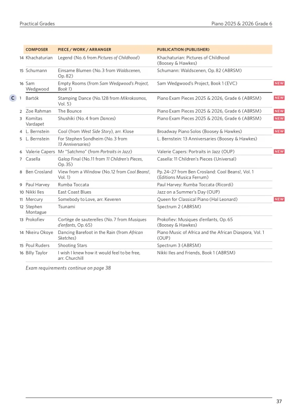 "Piano Exam Pieces Grade 6" book, displaying a refined design for those preparing for piano exams.