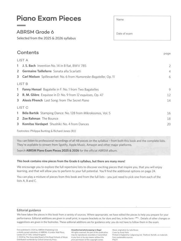 "Piano Exam Pieces Grade 6" book, displaying a refined design for those preparing for piano exams.