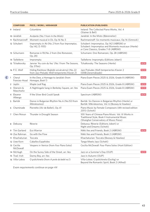 "Piano Exam Pieces Grade 8" book, displaying a refined design for those preparing for piano exams.